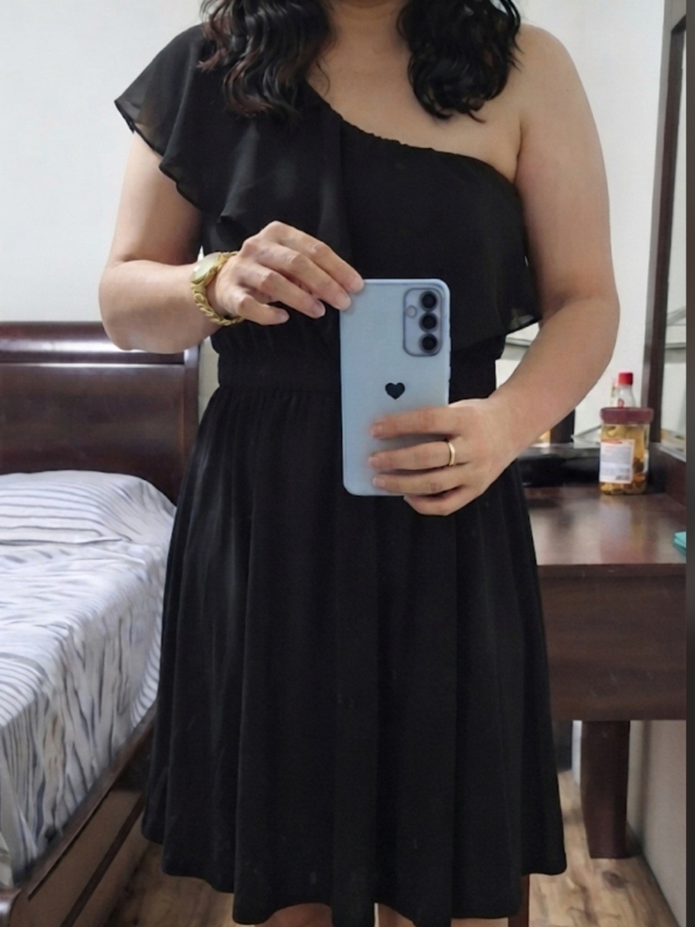 Women's One-Shoulder Black Dress - Elegant Ruffle Detail